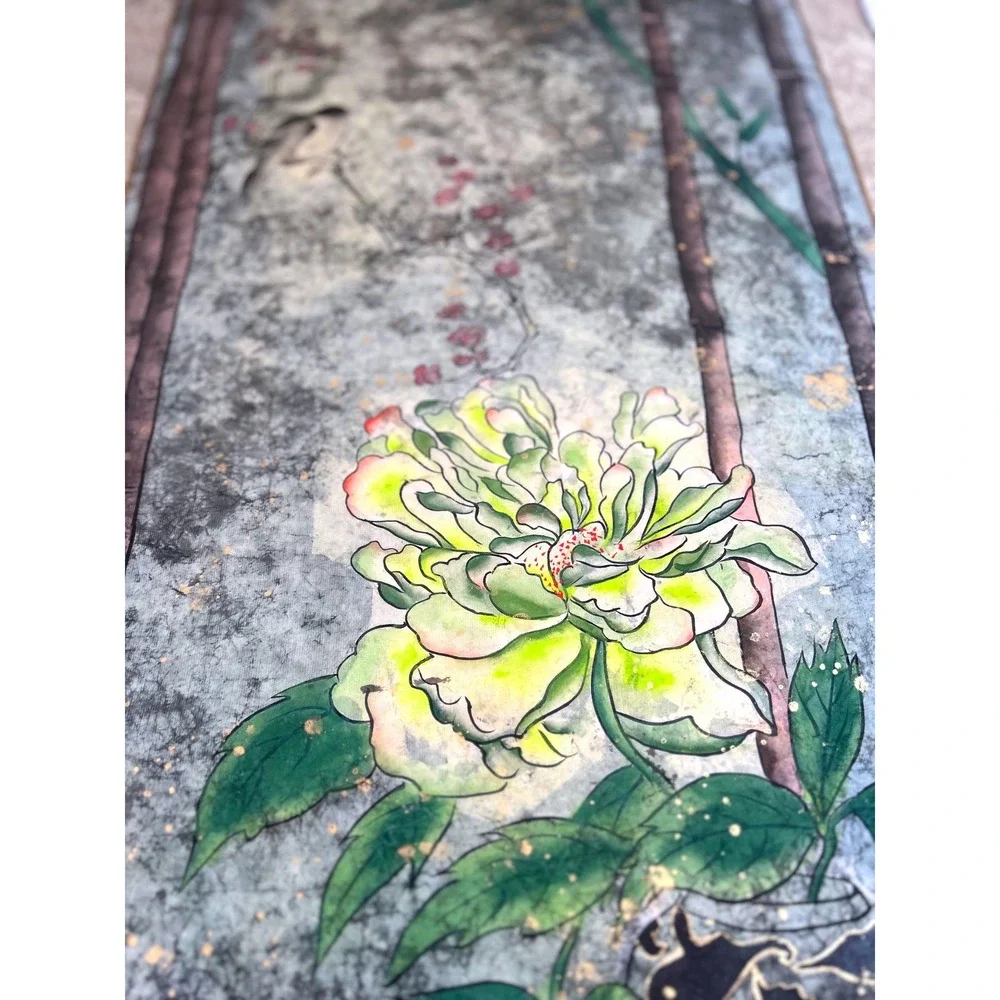 Vintage Asian Wall Scroll Yellow Peony Flower Silk Brocade Porcelain Ends‎ 48in